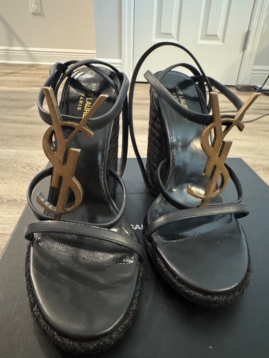 SAINT LAURENT 100mm Cassandra Sandals In Nero wegdes goldish logo hardware 40 9 - Picture 4 of 7